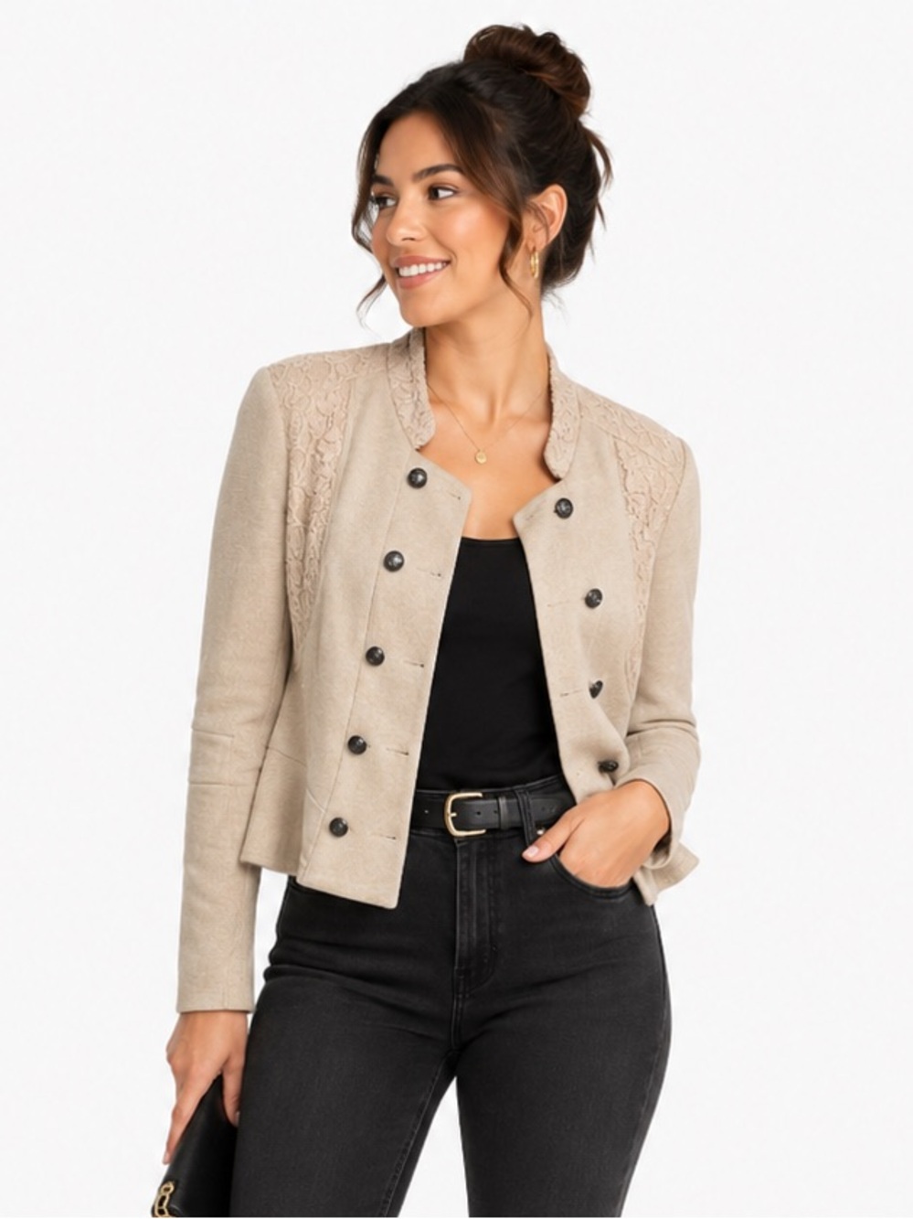 Free People We The Free Womens Military Jacket Lace Cropped Cream Lace Button